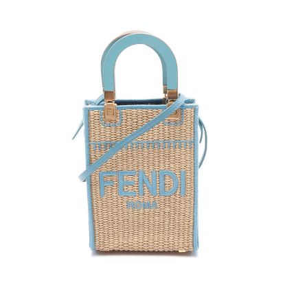 Picture of Fendi Sunshine Shopper Mini Handbag Raffia Leather 2WAY Beige Light blue